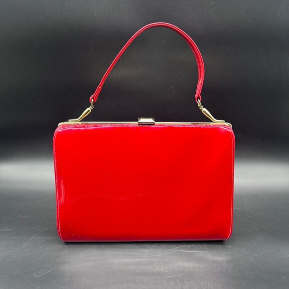 Vintage Cherry Red Patent Leather Handbag Purse Mid Century Gold 60s Top Handle - Picture 2 of 14